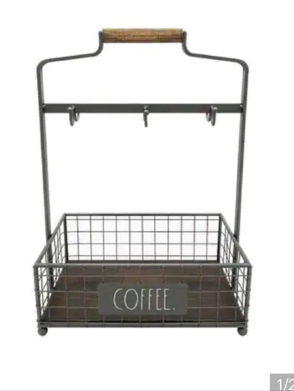 RAE DUNN Coffee Station Organizer - Rustic Gray Metal Basket with Hooks NEW